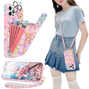 for iPhone 15 Pro Max Wallet Case,Retro 3D Oil Floral Crossbody Phone Case [Screen Protector+Camera Lens Protector] 5 Card Holder 360°Ring Stand&Lanyard Flip Case for iPhone 15 Pro Max,Purple
