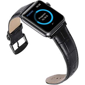 iStrap Alligator Grain Calf Leather Band for Apple Watch 44mm 40mm Series 6 SE 5 Series 4 Black Brown Replacement Strap Steel Buckle for iWatch 42mm 38mm Series 3 2 1 Sport Edition