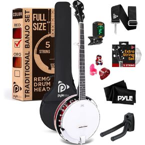Pyle 5 String Resonator Banjo Starter Kit, Full Size 24 Bracket, Geared 5th Tuner Professional Instrument w/ Remo Drum & Hardwood Back, Gig Bag, Tuner, Picks, Strap, Tools