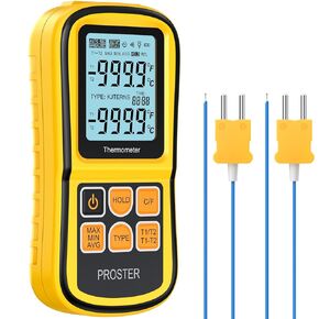 Proster Digital Thermocouple Temperature Thermometer with Two K-Type Thermocouple Probe Backlight LCD K Type Thermometer Dual Channel for K/J/T/E/R/S/N Type