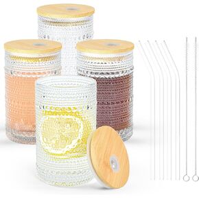 4 Pcs 16 oz Glasses Cups Set with Bamboo Lids Straws Brush Hobnail Glassware Set for Juice Iced Coffee Beer and Cocktail Whiskey