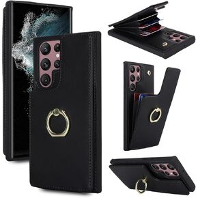 Jaorty Phone Case for Samsung Galaxy S22 Ultra Case with Card Holder for Women Girls (6.8 Inch), Galaxy S22 Ultra Case Wallet 360° Rotation Ring Kickstand with RFID Blocking PU Leather,Black Leopard