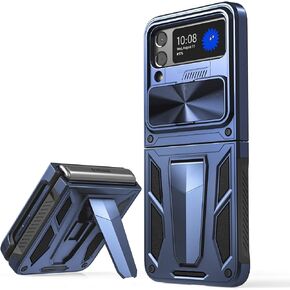 Military Armor Series Case for Samsung Galaxy Z Flip 3，Build-in Kickstand & Camera Protection Sliding Cover - (Metallic Red)