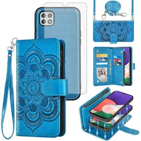 Asuwish Phone Case for Samsung Galaxy A22 5G Zipper Wallet Detachable Cell Cover with Tempered Glass Screen Protector Crossbody Strap Flower Flip Card Holder Slot A 22 22A A22s G5 Women Girls Purple