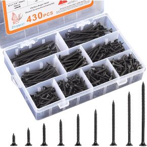 190PCS Premium Drywall Screws, Quality Black Steel #7 Sharp Point Self Tapping Screws with Phillips Drive, 8 Different Sizes Screws Assortment Set, Ideal Screw for Drywall Sheetrock, Wood and More