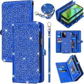 Wallet Cover for Motorola Moto G Power 5G 2023 with Detachable Magnetic Phone Case Flip Zipper Purse Wrist Strap Shoulder Strap Glitter PU Leather Card Holder Stand for GPower G5 Women Men Pink