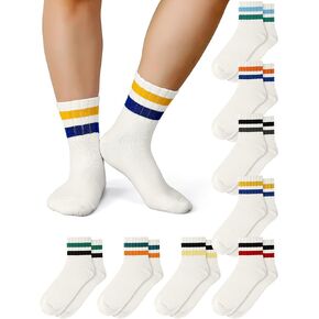 8 Pairs Striped Mini Crew Socks for Women Retro Ankle Socks with 2 Stripes White Cotton Athletic Crew Socks for Adult Women Men, MultiColor Stripe
