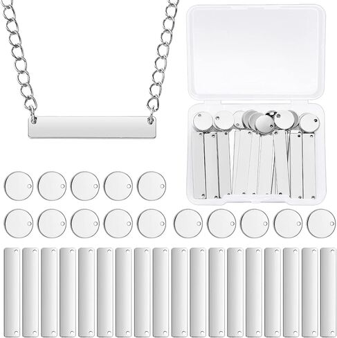 Hicarer 30 Pieces Metal Stamping Blank Tag Pendants, Includes 15 Rectangle Stamping Blank Bar Charms Horizontal Brass Tag, 15 Round Blank Name Plate Pendant for DIY Craft in Kuwait