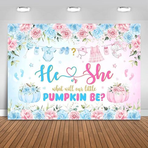 Mocsicka Pumpkin Gender Reveal Backdrop Fall Pumpkin Blue or Pink Gender Reveal Background Floral He or She Gender Reveal Party Decorations Photo Booth Props (7x5ft) in Saudi Arabia