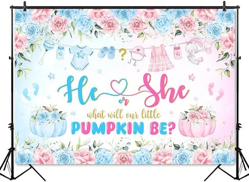 Mocsicka Pumpkin Gender Reveal Backdrop Fall Pumpkin Blue or Pink Gender Reveal Background Floral He or She Gender Reveal Party Decorations Photo Booth Props (7x5ft) in Saudi Arabia