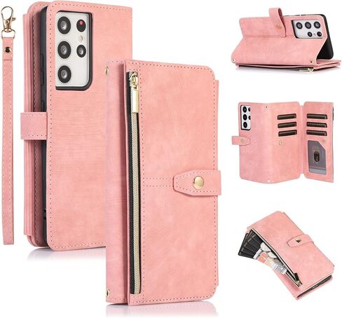 UEEBAI Case for Samsung Galaxy S21 5G, 9 Card Slots Retro Leather Wallet Shockproof Flip Cover with Hand Strap Card Slots Zipper Pocket Kickstand Handbag Magnetic Closure - Retro Red Wine in Kuwait