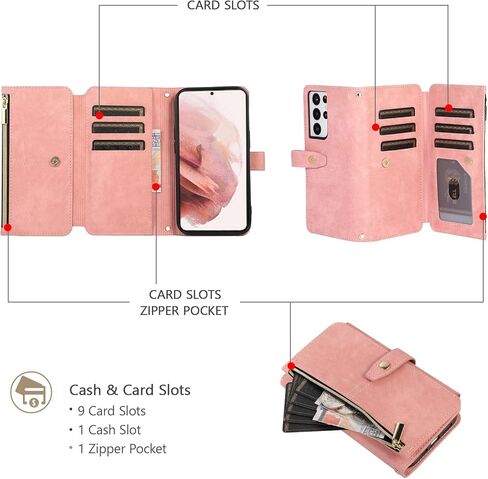 UEEBAI Case for Samsung Galaxy S21 5G, 9 Card Slots Retro Leather Wallet Shockproof Flip Cover with Hand Strap Card Slots Zipper Pocket Kickstand Handbag Magnetic Closure - Retro Red Wine in Kuwait