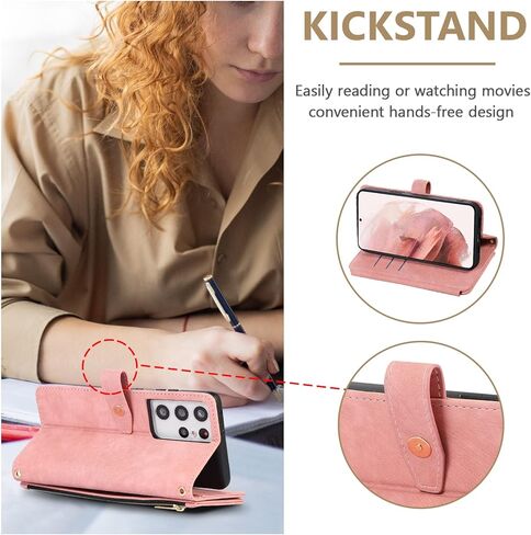 UEEBAI Case for Samsung Galaxy S21 5G, 9 Card Slots Retro Leather Wallet Shockproof Flip Cover with Hand Strap Card Slots Zipper Pocket Kickstand Handbag Magnetic Closure - Retro Red Wine in Kuwait