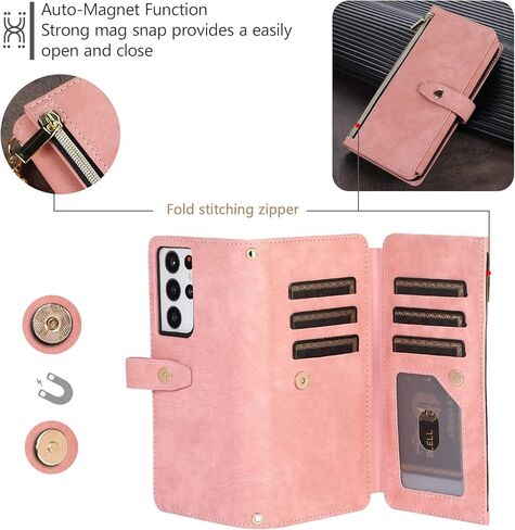 UEEBAI Case for Samsung Galaxy S21 5G, 9 Card Slots Retro Leather Wallet Shockproof Flip Cover with Hand Strap Card Slots Zipper Pocket Kickstand Handbag Magnetic Closure - Retro Red Wine in Kuwait