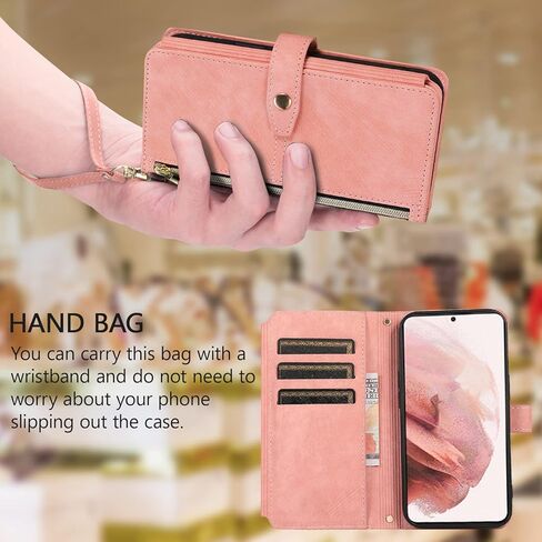 UEEBAI Case for Samsung Galaxy S21 5G, 9 Card Slots Retro Leather Wallet Shockproof Flip Cover with Hand Strap Card Slots Zipper Pocket Kickstand Handbag Magnetic Closure - Retro Red Wine in Kuwait