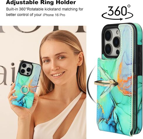 HAOPINSH for iPhone 16 Pro Wallet Case with Card Holder, 360°Rotation Ring Kickstand, Pink Blue Marble Pattern, RFID Blocking Leather for Girls Women, Double Buttons Protective Cover 6.3" in Kuwait