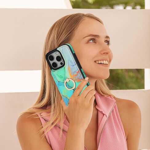 HAOPINSH for iPhone 16 Pro Wallet Case with Card Holder, 360°Rotation Ring Kickstand, Pink Blue Marble Pattern, RFID Blocking Leather for Girls Women, Double Buttons Protective Cover 6.3" in Kuwait