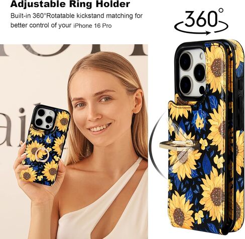 HAOPINSH for iPhone 16 Pro Wallet Case with Card Holder, 360°Rotation Ring Kickstand, Pink Blue Marble Pattern, RFID Blocking Leather for Girls Women, Double Buttons Protective Cover 6.3" in Kuwait