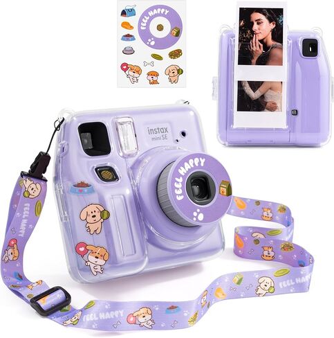 Fuji Mini SE Clear Case, Hard PC Protective Case for Instax Mini SE Instant Camera with Cute Cartoon Sticker & Adjustable Shoulder Strap - Pink Hey Cat in Kuwait