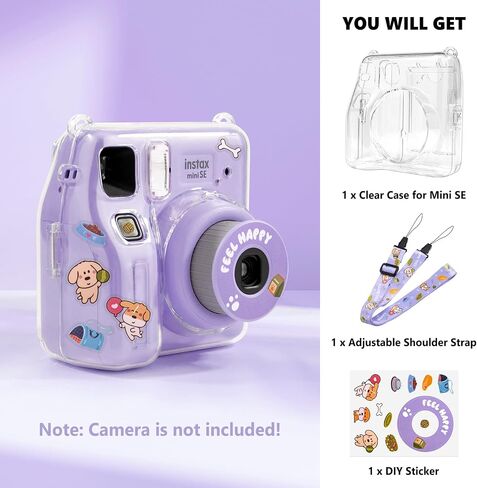 Fuji Mini SE Clear Case, Hard PC Protective Case for Instax Mini SE Instant Camera with Cute Cartoon Sticker & Adjustable Shoulder Strap - Pink Hey Cat in Kuwait