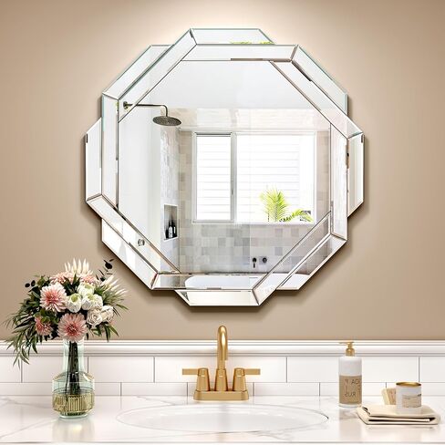 Bathroom Mirror 20"X28" Wall Mirror Decorative, Beveled Edge Frameless Mirror for Wall Octagonal Decorative Mirror Large Accent Mirror for Bathroom, Bedroom, Living Room and Enterway in Saudi Arabia