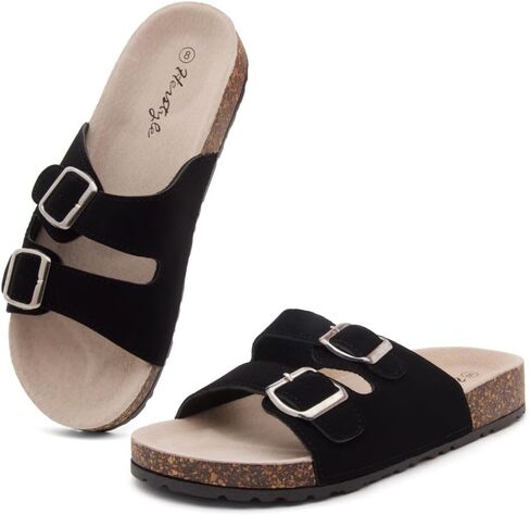 Herstyle Womens Cork Footbed Slides for Women, Double Strap Flat Sandals, Adjustable Buckle Comfort Slip On Shoes, Summer Beach Casual Walking Slippers in Saudi Arabia