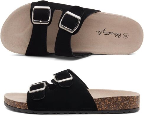 Herstyle Womens Cork Footbed Slides for Women, Double Strap Flat Sandals, Adjustable Buckle Comfort Slip On Shoes, Summer Beach Casual Walking Slippers in Saudi Arabia