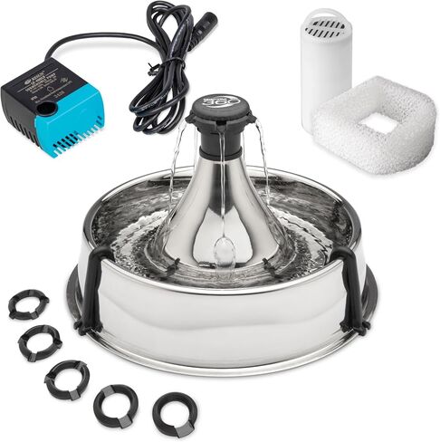 PetSafe Stainless 360 Pet Fountain - 1 Gallon (128 oz) Dog and Cat Water Fountain - Water Filters Remove Hair - Water Dispenser Entices Pets to Drink - Customizable Cat and Dog Water Bowl Dispenser in Saudi Arabia