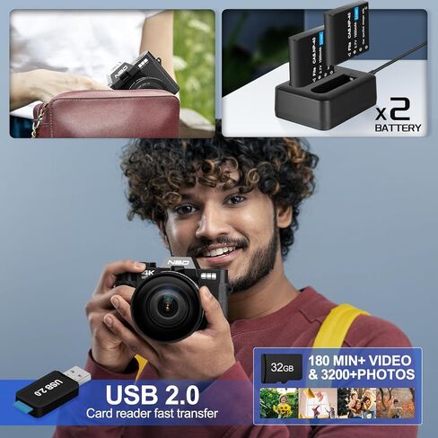 كاميرات NBD الرقمية للتصوير الفوتوغرافي، كاميرا تسجيل فيديو بتركيز تلقائي 48 ميجابكسل بدقة 4K لليوتيوب مع بطاقة TF سعة 32 جيجابايت وبطاريتين، وكاميرا فيديو مضادة للاهتزاز بتكبير 16X مع زاوية واسعة 52 مم وعدسة ماكرو (S100 PK) in Kuwait