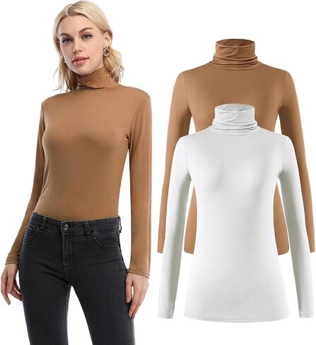 Xelky Womens Long Sleeve Turtleneck Shirt Lightweight Slim Turtle Neck Active Tops Basic Pullover Undershirt 2 Pack in Saudi Arabia
