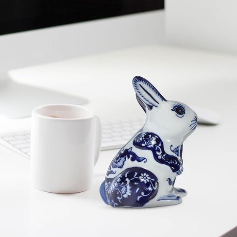 GANAZONO الأزرق والأبيض أرنب سيراميك تمثال الصينية زودياك أرنب تمثال الأرنب الحيوان النحت للعام الجديد ديكور للطاولات المنزل in Kuwait