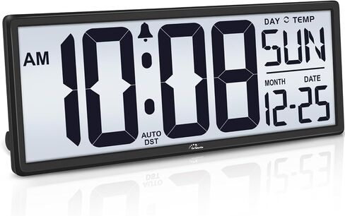 WallarGe Backlight Digital Wall Clock Battery Operated - with Temperature and Date 14.5'' Large Digital Wall Clock, Easy to Read and Set, Auto DST in Saudi Arabia