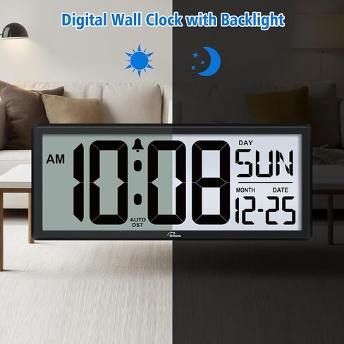 WallarGe Backlight Digital Wall Clock Battery Operated - with Temperature and Date 14.5'' Large Digital Wall Clock, Easy to Read and Set, Auto DST in Saudi Arabia