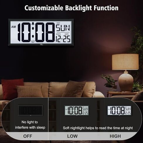 WallarGe Backlight Digital Wall Clock Battery Operated - with Temperature and Date 14.5'' Large Digital Wall Clock, Easy to Read and Set, Auto DST in Saudi Arabia