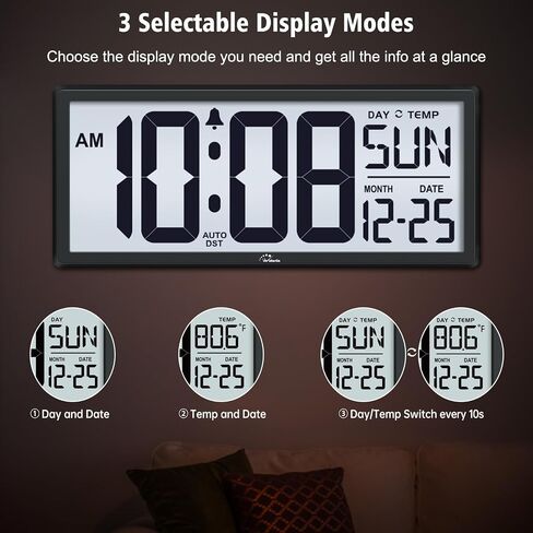 WallarGe Backlight Digital Wall Clock Battery Operated - with Temperature and Date 14.5'' Large Digital Wall Clock, Easy to Read and Set, Auto DST in Saudi Arabia