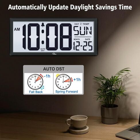 WallarGe Backlight Digital Wall Clock Battery Operated - with Temperature and Date 14.5'' Large Digital Wall Clock, Easy to Read and Set, Auto DST in Saudi Arabia