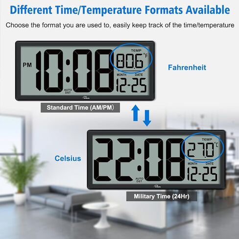 WallarGe Backlight Digital Wall Clock Battery Operated - with Temperature and Date 14.5'' Large Digital Wall Clock, Easy to Read and Set, Auto DST in Saudi Arabia