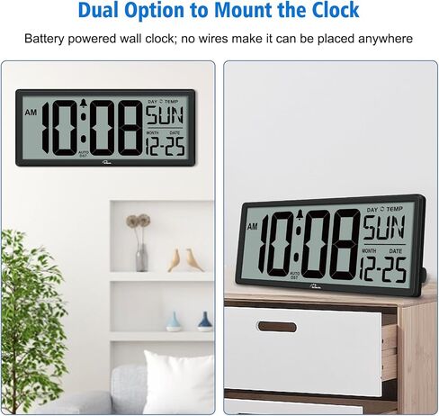 WallarGe Backlight Digital Wall Clock Battery Operated - with Temperature and Date 14.5'' Large Digital Wall Clock, Easy to Read and Set, Auto DST in Saudi Arabia