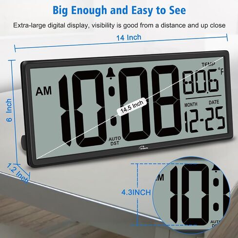 WallarGe Backlight Digital Wall Clock Battery Operated - with Temperature and Date 14.5'' Large Digital Wall Clock, Easy to Read and Set, Auto DST in Saudi Arabia
