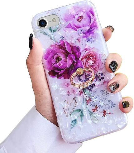 Qokey Compatible with iPhone SE Case 2022/2020,iPhone 8/ 7 Case 4.7 inch Flower Cute Fashion Cover for Women Girl 360 Degree Rotating Ring Kickstand Soft TPU Shockproof Rose Butterfly in Kuwait