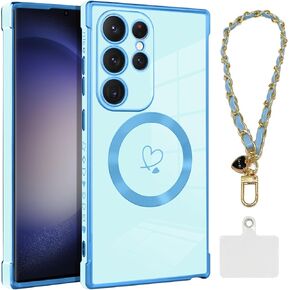 OOK Magnetic Phone Case for Samsung Galaxy S24 Ultra 6.8 Inch [Wireless Charging Compatible] Soft TPU Heart Design Shockproof Protection Electroplated Slim Case with Strap Lanyard - Black