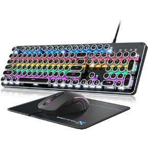 Typewriter Mechanical Gaming Keyboard and Mouse, Metal Panel Retro Keyboard with Round Keycap Blue Switch, RGB Backlit 104 Keys Anti-Ghost Wired Keyboard Mouse and Pad Combo for PC Laptop Mac Gamer