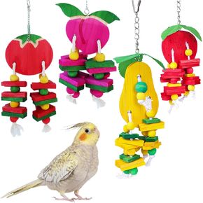 Hamiledyi Natural Wood Block Bird Cage Toys Parrot Chewing Toy , Orange & Apple & Banana & Grapes Shaped Hanging Foraging Toy for Small&Medium Birds Parakeets Cockatiels Conures Budgie Canary,4pcs