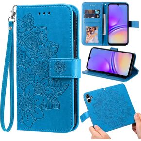 Compatible with Samsung Galaxy A05 Wallet Case and Wrist Strap Protector Flower Leather Flip Credit Card Holder Folio Purse Stand Cell Accessories Phone Cover for Ao5 A 05 Girls Women Pink