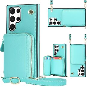 حافظة لهاتف سامسونج جالاكسي S24 الترا مع حزام كروس، حافظة هاتف جلدية فائقة الجودة للنساء والفتيات جالاكسي S24 مع حامل بطاقة سامسونج جالاكسي S24 الترا بسحاب حافظة واقية خضراء in Kuwait