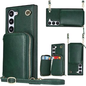 for Samsung Galaxy S24 Ultra Case with Crossbody Strap, Women Girls Galaxy S24 Ultra Leather Phone Case with Card Holder Samsung Galaxy S24 Ultra Zipper Wallet Protective Case Green
