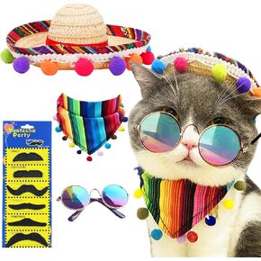 Mexican Pet Costume Multicolor Cinco De Mayo Cat Bandana 9 PCS Mexican Dog Triangle Bib Mexican Pet Bandanna Sunglasses Mexico Dog Sombrero Hat Pet Mustache Decoration for Dog