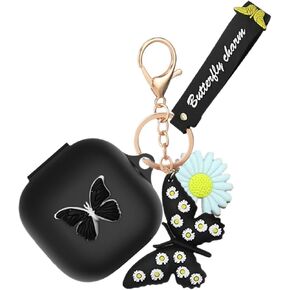 Case for Beats Fit Pro with Wristlet Keychain, Cute Cartoon Butterfly Charm Soft Silicone Charging Case with Wrist Strap Anti-Lost Cover for Beats Fit Pro X 2021/2022, Gift for Women Girl (Pink)