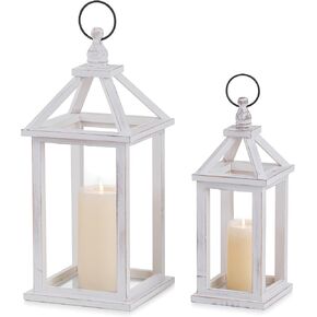 Romadedi Farmhouse Wood Candle Lantern - 12" / 16" Set of 2 Rustic Wooden Lanterns Decorative Candle Holder Home Decor Wedding Table Centerpiece Indoor Outdoor Fireplace Decorations, Brown