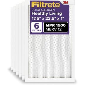 Filtrete 17.5x23.5x1 AC Furnace Air Filter, MERV 12, MPR 1500, CERTIFIED Asthma & Allergy Friendly, 3-Month Pleated 1-Inch Electrostatic Air Cleaning Filter, 6-Pack (Actual Size 17.19x23.19x0.78 in)